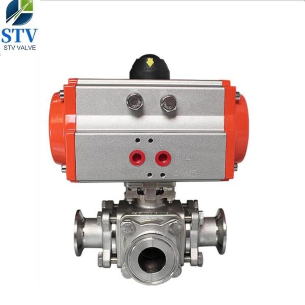 Sanitary 3 Way Ball Valve With Pneumatic,Tri-Clamp Ends